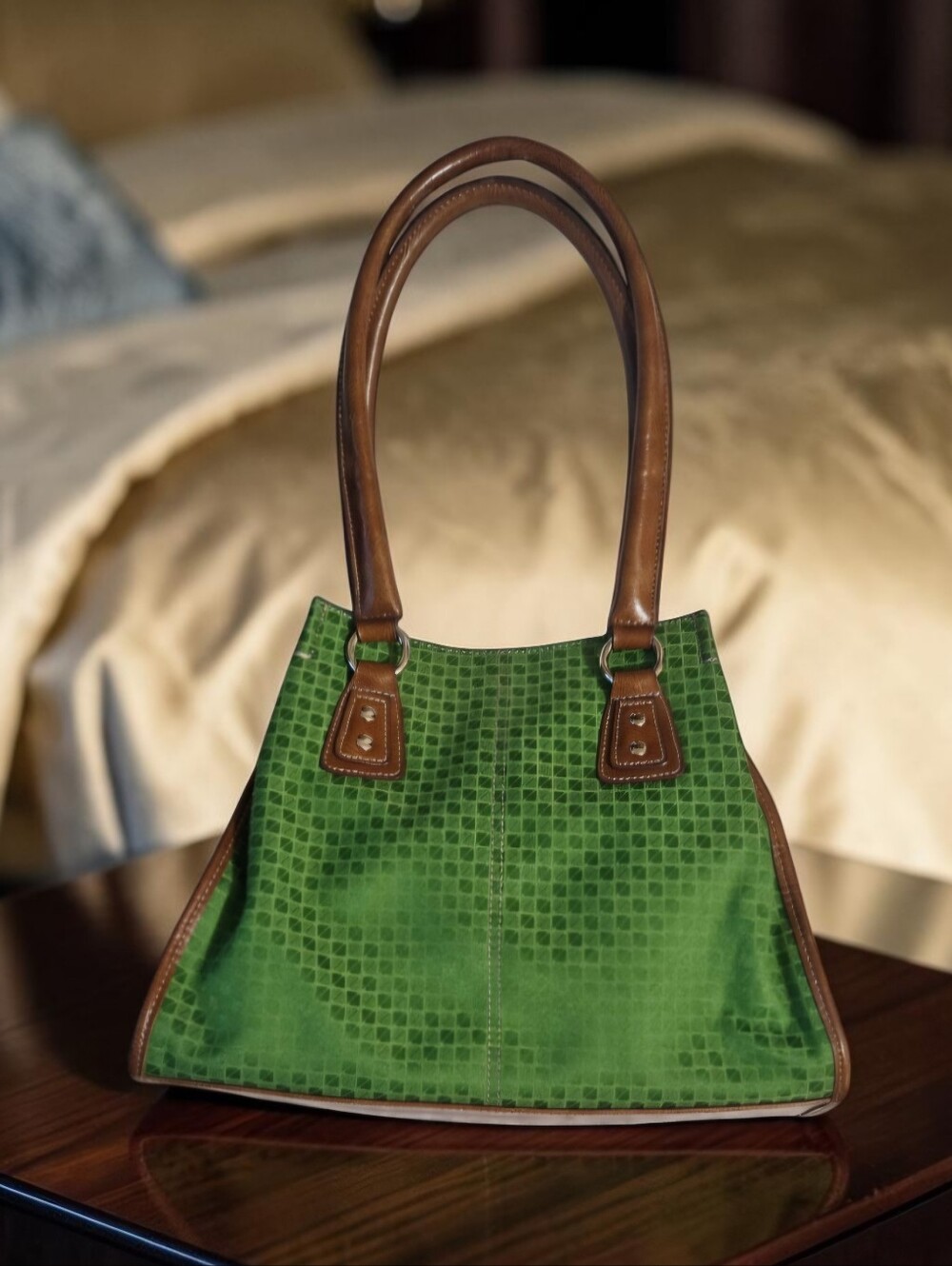 Vintage Nine & Co Green with Brown Faux Leather Trim Bag... Ample Space EUC